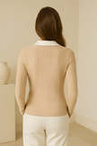 Rib Knit Polo Sweater Women Slim Fit Wool Lapel Collar