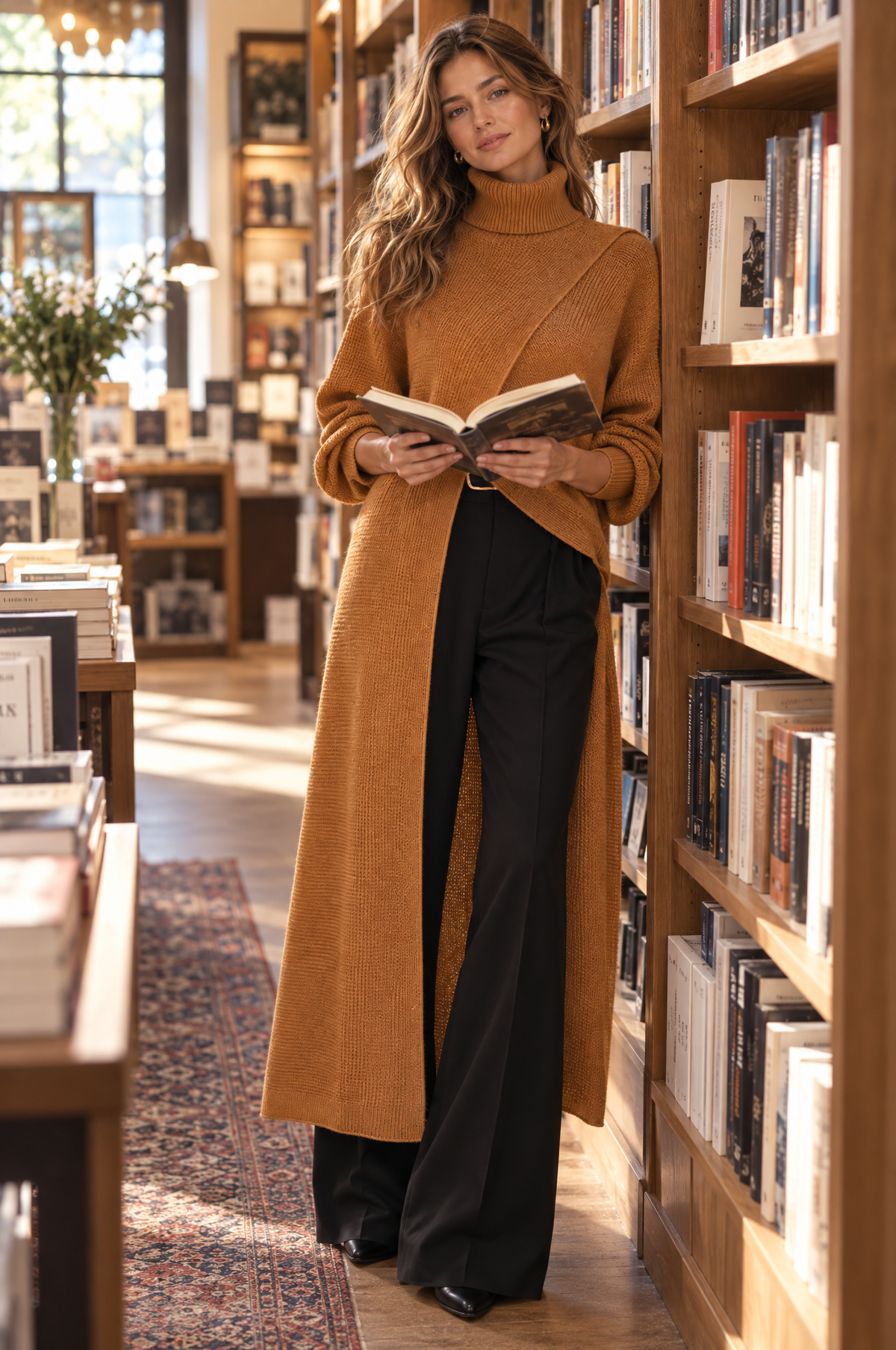 Asymmetric Wrap-Front Long Knit Top with Ribbed High Neck for Women