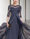 FJØRNA chiffon midi dress for women, A-line style with three-quarter sleeves, elegant and flowy for casual or formal wear.