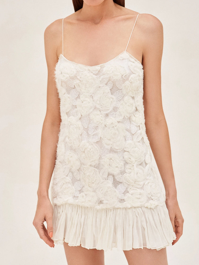 White Rosette Georgette Frilled Mini Dress by FJØRNA featuring delicate rosette details and ruffled frills, perfect for wedding guest attire.