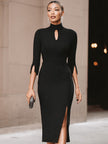 FJØRNA black keyhole front midi dress, a stylish cocktail dress with a fitted silhouette and elegant design.
