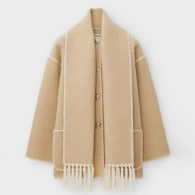 Cape Coat Open Front Fringe Hem Contrast Trim Oversized Poncho Wrap | Fenna