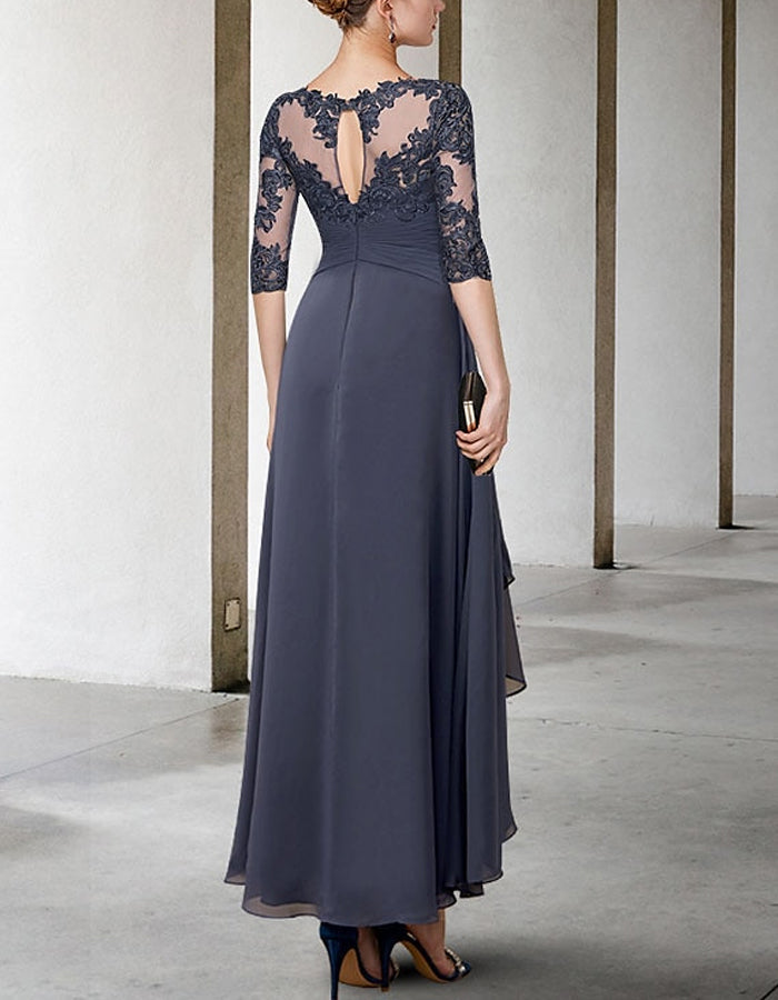 FJØRNA chiffon midi dress for women, A-line style with three-quarter sleeves, elegant and flowy fabric.
