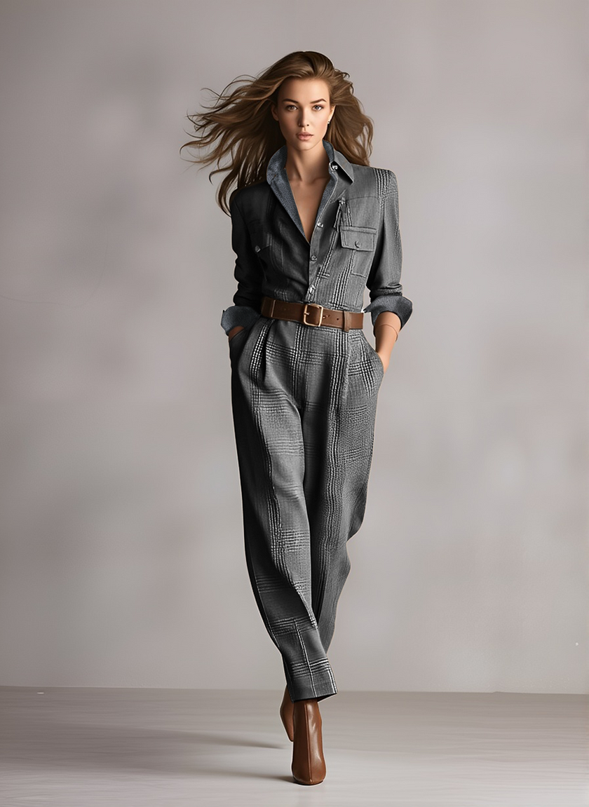 FJØRNA women's tweed texture plaid jumpsuit with collared V-neck, utility pockets, and pants design.