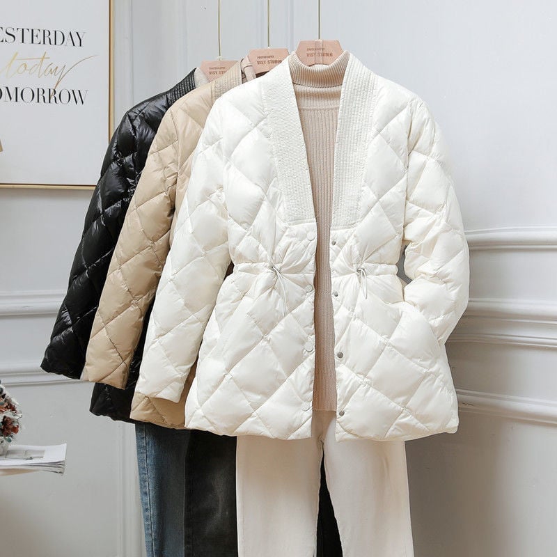Quilted Jacket Women Button Front Adjustable Waist V-Neck