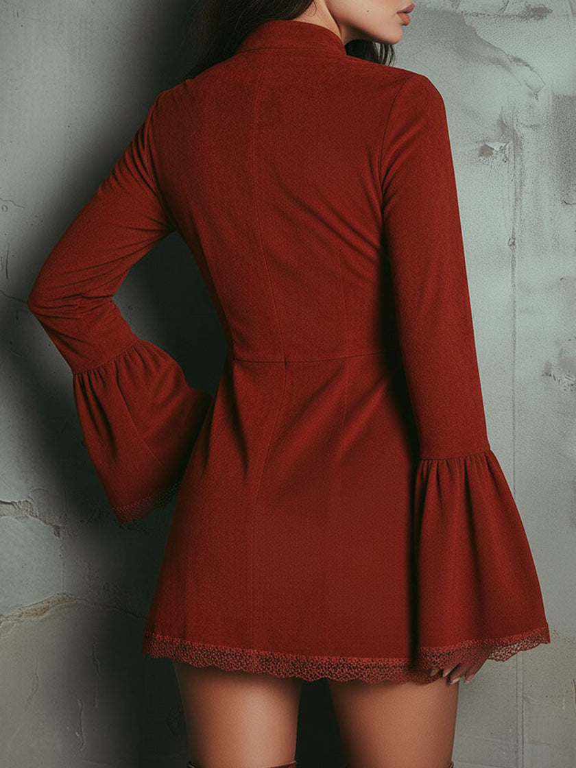 Red lace embroidered mini dress by FJØRNA featuring intricate embroidery and a fitted evening dress silhouette.