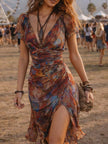 FJØRNA Ruched Midi Desert Dress in neutral tone, casual desert-style dress with ruched details and relaxed fit.