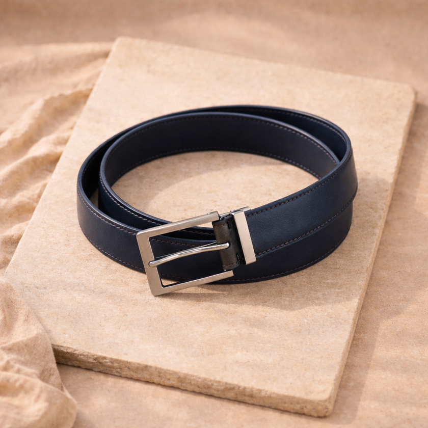 FJØRNA vegan leather ratchet belt with adjustable unisex design, featuring a sleek metal buckle and smooth finish.