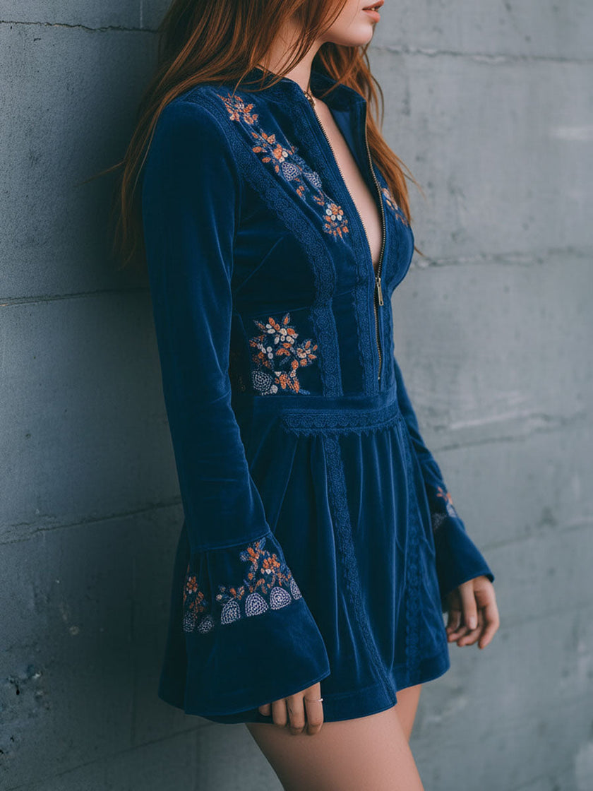 Blue velvet embroidered mini dress by FJØRNA featuring casual style and intricate embroidery, shown on a model.
