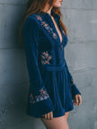 Blue velvet embroidered mini dress by FJØRNA, casual style with intricate embroidery, short sleeves, and a fitted silhouette.