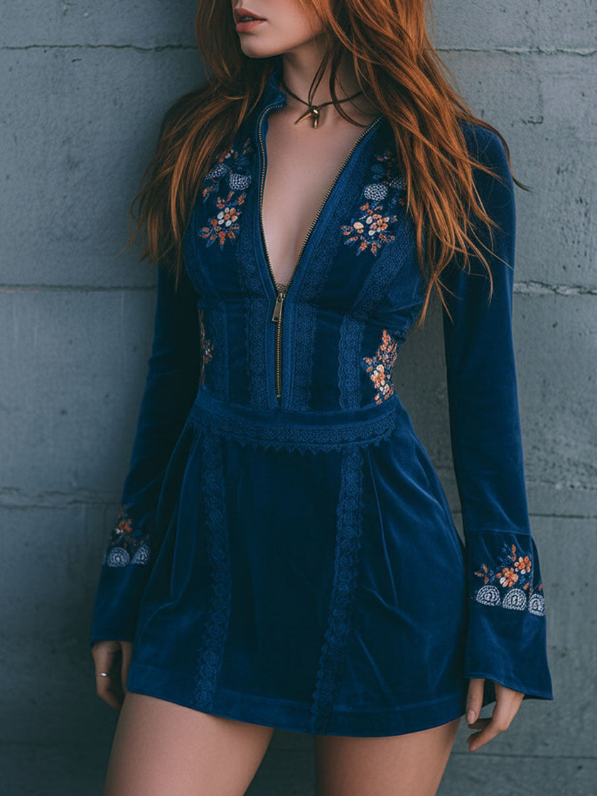 Blue velvet embroidered mini dress by FJØRNA featuring casual style, fitted silhouette, and intricate embroidery details.