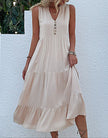 FJØRNA summer casual wedding dress with sleeveless design, lightweight fabric, and elegant flowy silhouette.