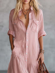 Pink linen V-neck maxi dress by FJØRNA, casual style with flowing fabric and relaxed fit, shown on a model.