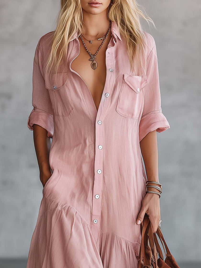 Pink linen V-neck maxi dress by FJØRNA, casual style with flowing fabric and relaxed fit, shown on a model.