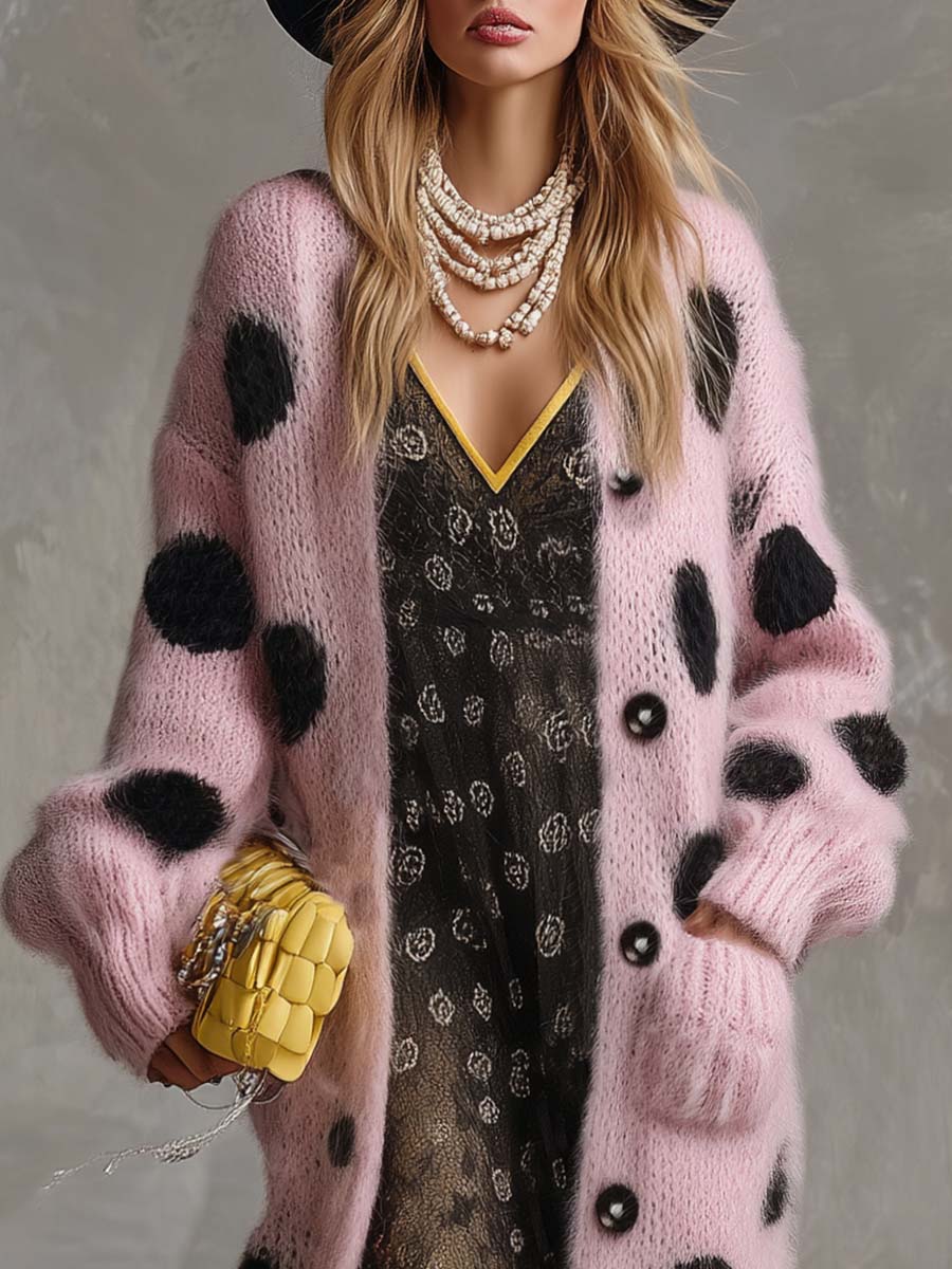 Pink Polka Dot Faux Rabbit Fur Knit Cardigan with Button Front for Women