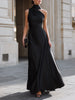 Black FJØRNA one-shoulder draped high-neck maxi dress, elegant evening gown with a sleek silhouette and flowing fabric.