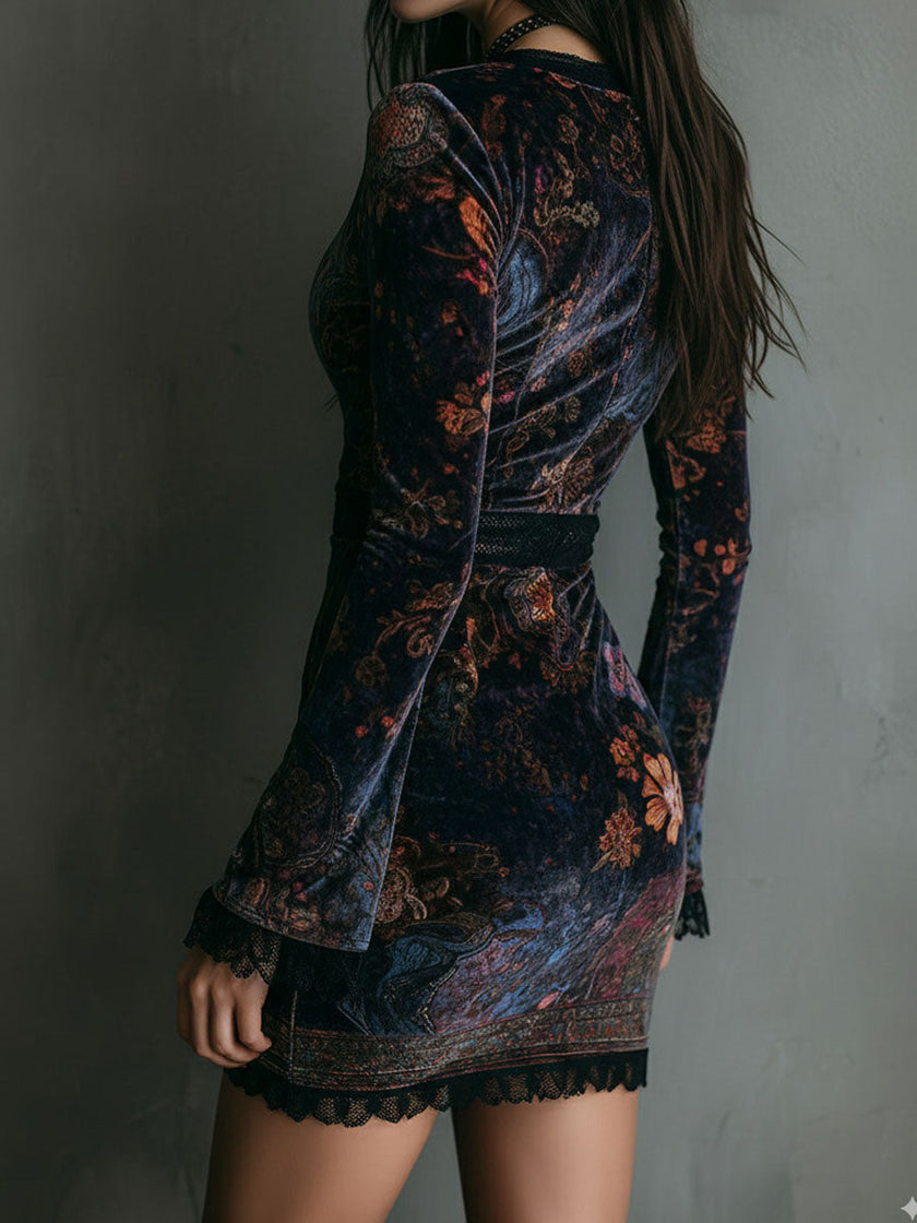 FJØRNA boho floral print velvet V-neck bodycon mini dress, stylish women's dress with vibrant floral design and fitted silhouette.