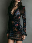 FJØRNA boho floral print velvet V-neck bodycon mini dress, stylish women's dress with vibrant floral pattern and fitted silhouette.