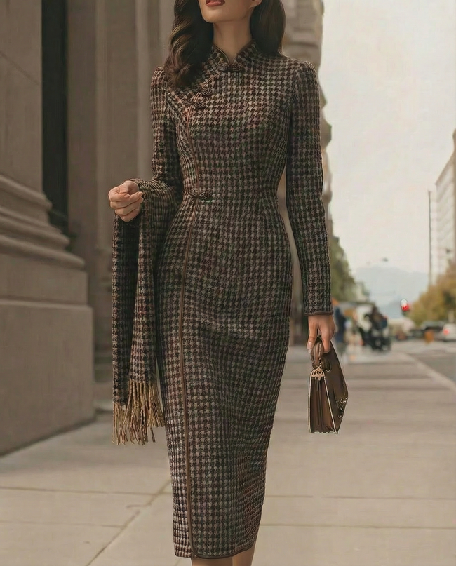 FJØRNA classic houndstooth long-sleeve midi dress for women, tailored fit with a stylish and elegant design.
