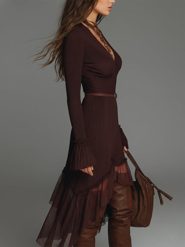 FJØRNA mesh pleated midi casual dress with flowing fabric and gathered waist, perfect for everyday wear.