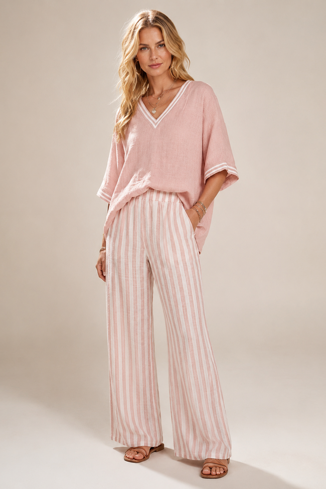Two-Piece Set Women V-Neck Three-Quarter Sleeve Striped