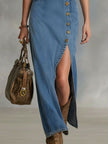 FJØRNA denim V-neck maxi dress with button details for women, flowing sleeveless dress in denim fabric.