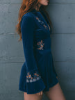 Blue velvet embroidered mini dress by FJØRNA featuring casual style, fitted silhouette, and intricate embroidery details.