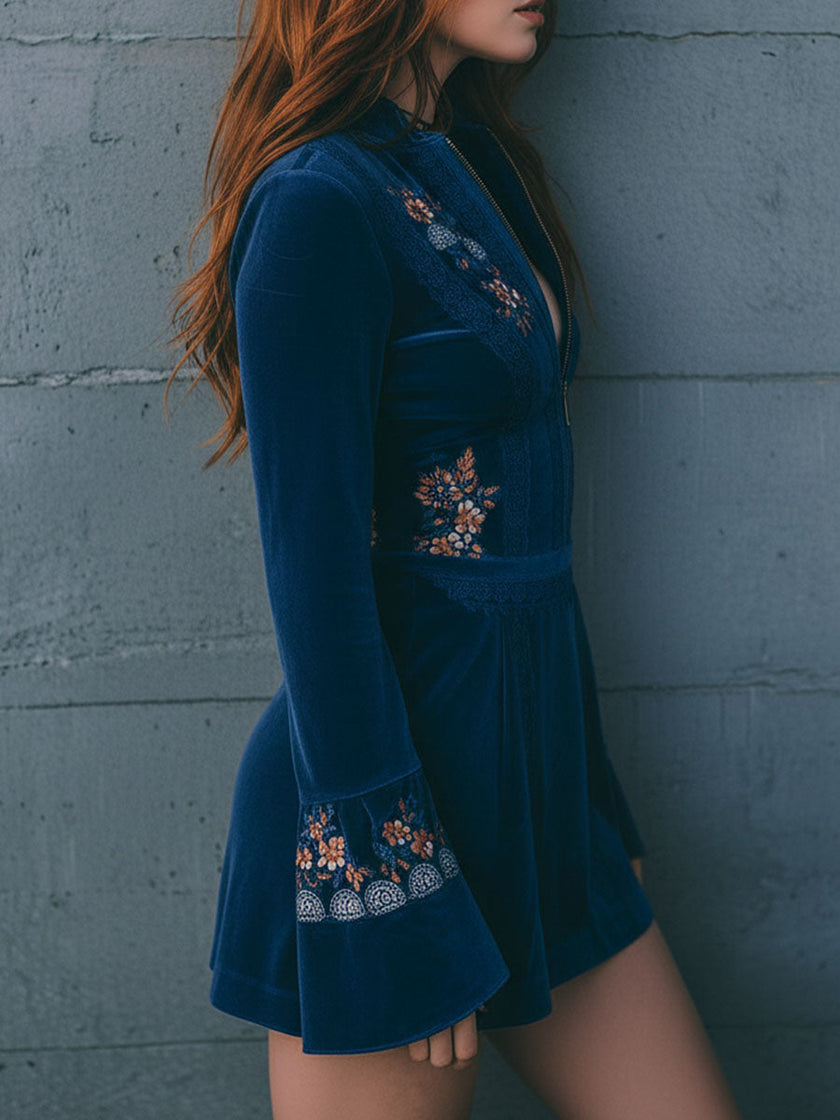 Blue velvet embroidered mini dress by FJØRNA featuring casual style, fitted silhouette, and intricate embroidery details.