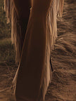 FJØRNA brown Western fringe flared jeans for women, stylish pants with fringe detail and a flared cut, perfect for casual wear