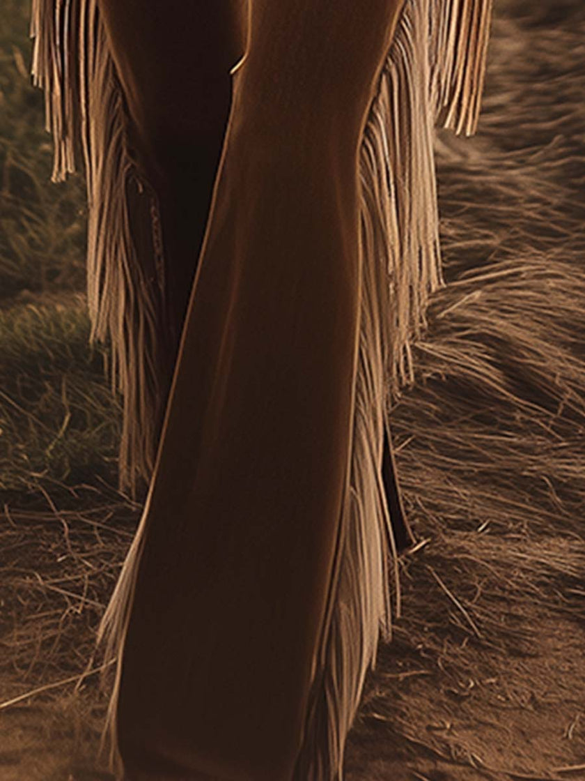 FJØRNA brown Western fringe flared jeans for women, stylish pants with fringe detail and a flared cut, perfect for casual wear