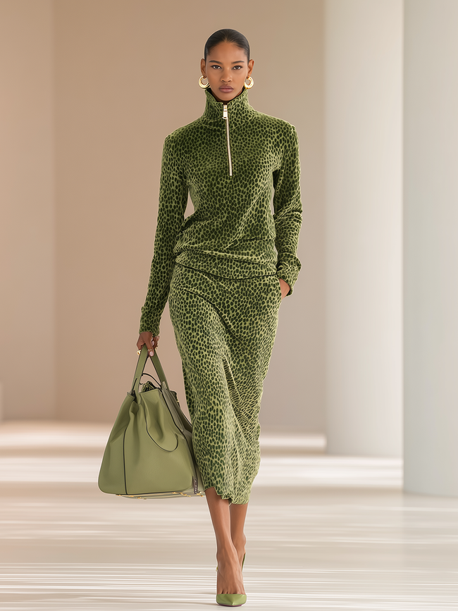 FJØRNA women's green leopard print velvet top and skirt set, featuring stylish matching pants with bold animal print.