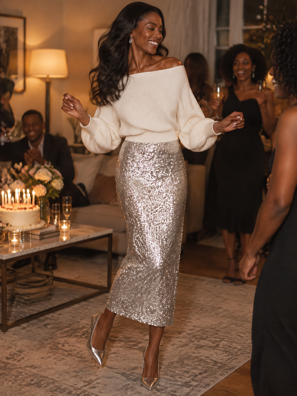 Sequin Midi Skirt and Off-Shoulder Knit Sweater Two-Piece Set for Women