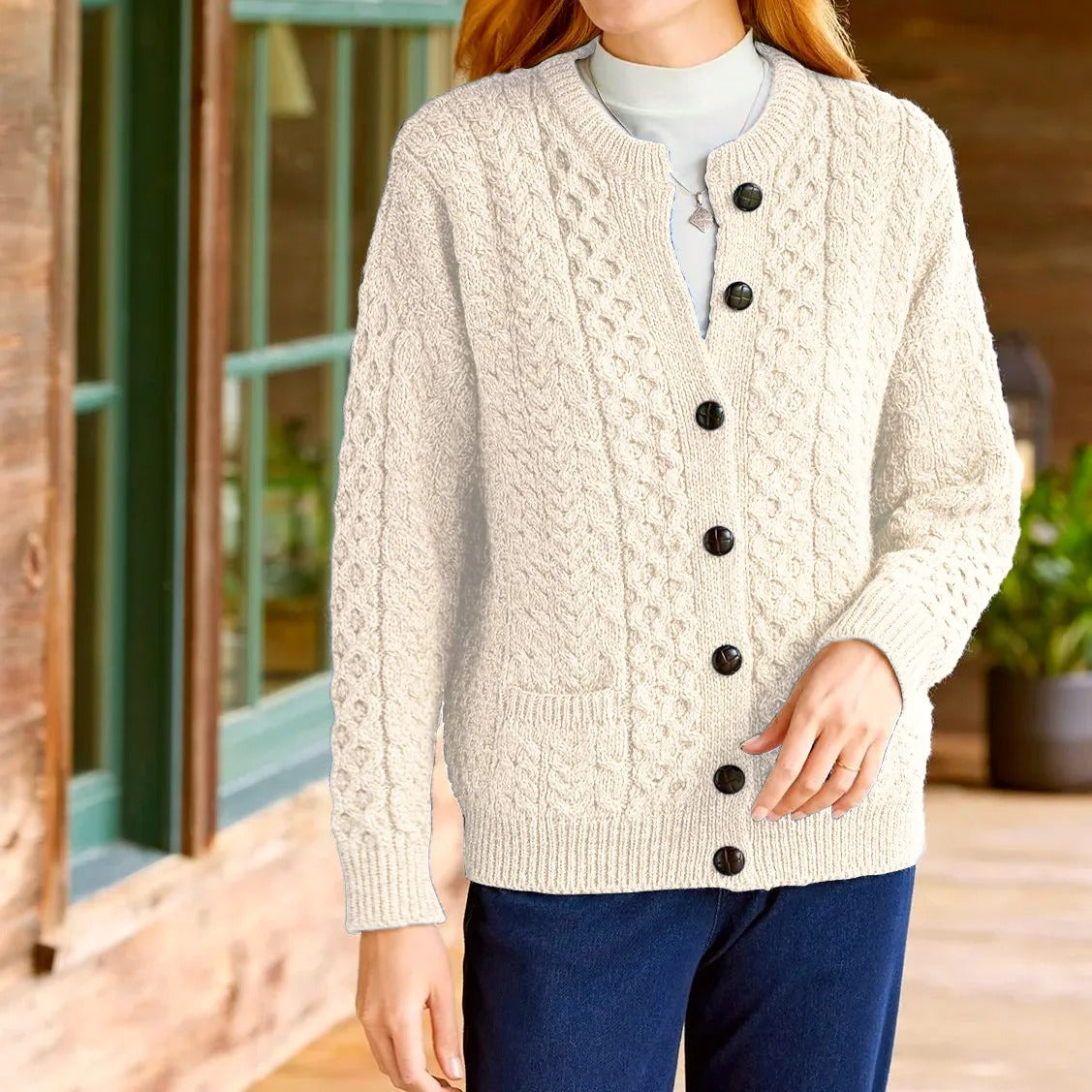 Chunky Cable-Knit Cardigan with Button Front Relaxed Fit for Women | Victoria