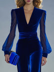 Royal blue velvet V-neck mesh long sleeve jumpsuit for women by FJØRNA, featuring a stylish and fitted design with long sleeves.