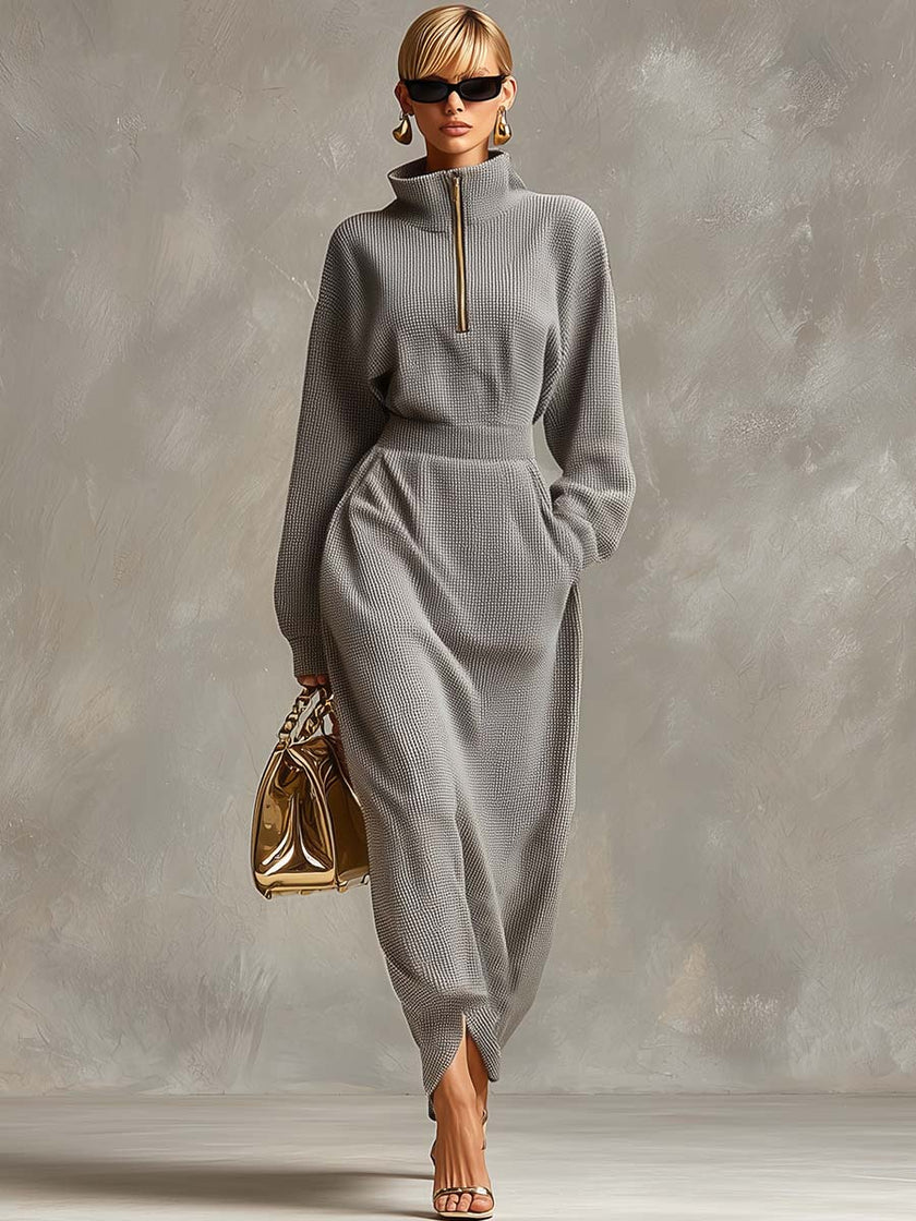 Grey waffle long sleeve maxi dress by FJØRNA featuring a casual, comfortable design with a relaxed fit and soft fabric.