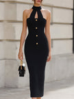 FJØRNA black halter-neck cutout bodycon midi dress, stylish cocktail dress with fitted silhouette and bold cutout details.