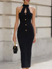 FJØRNA black halter-neck cutout bodycon midi dress, stylish cocktail dress with fitted silhouette and bold cutout details.
