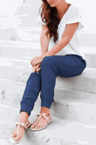 FJØRNA lightweight summer women's jogger pants with wide leg and tapered fit, casual trousers suitable for warm weather.