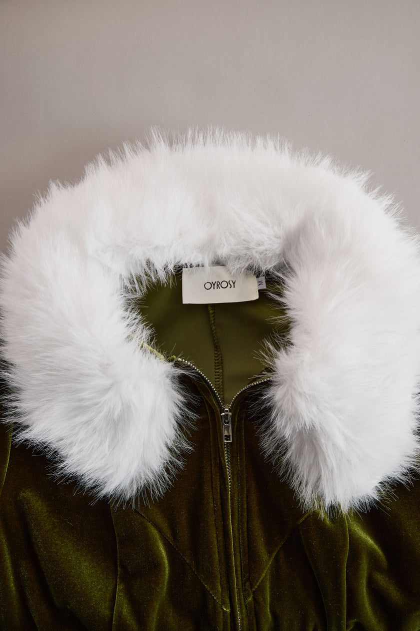Rose red velvet faux fur collar flared jumpsuit for women by FJØRNA, featuring stylish wide-leg pants and cozy fur accents.