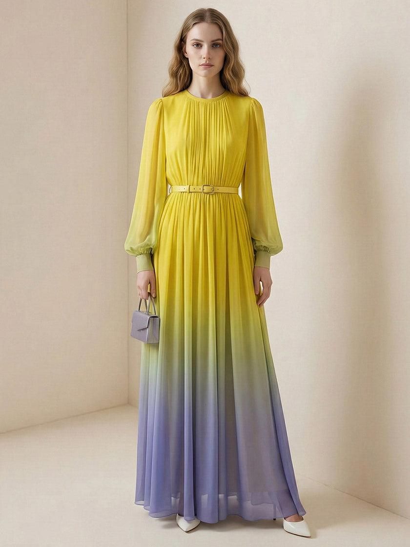 FJØRNA high waisted long sleeve maxi dress with belt, contrast gradient colors, pleated split-joint design, and round neck.
