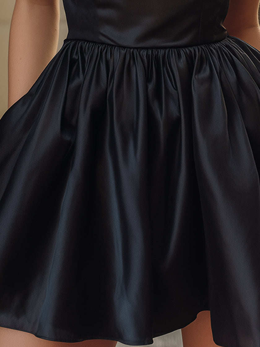 FJØRNA satin high-neck bubble mini dress, stylish cocktail dress with a fitted silhouette and elegant design, shown in the image.