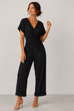 Wrap Jumpsuit Women V-Neck Short Sleeve Wide Leg