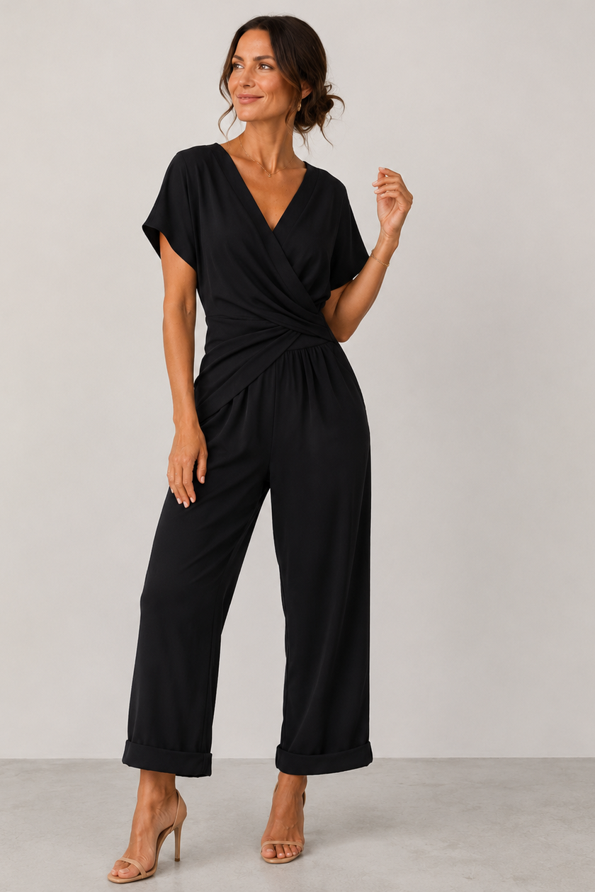 Wrap Jumpsuit Women V-Neck Short Sleeve Wide Leg