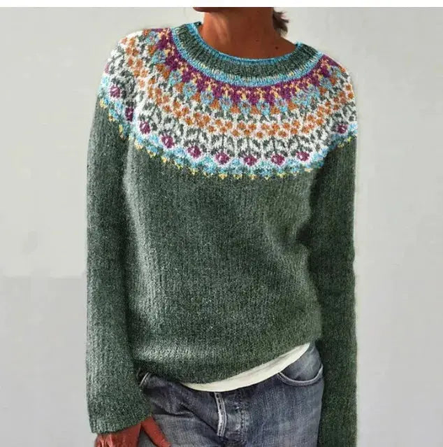 Amara | Women's Relaxed-Fit Wool-Blend Sweater with Wide Collar and Scandinavian Print for Layering