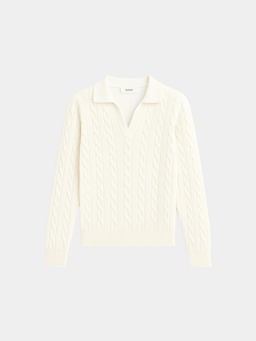 Cable Knit Sweater Women Cotton Blend White Pull-On