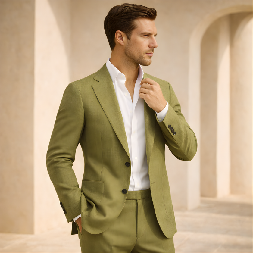 FJØRNA men's summer two-piece suit set featuring wedding pants, stylish and lightweight for warm weather occasions.