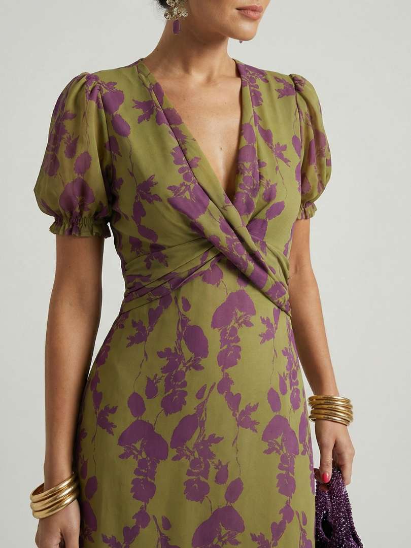 FJØRNA women's summer midi dress with floral pattern, short sleeves, and wrap style, perfect for seasonal warm-weather wear.