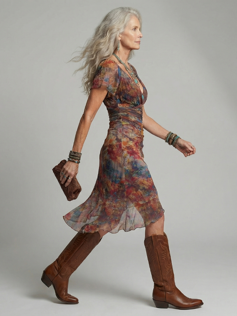 FJØRNA women's summer midi dress with halter neck and short sleeves, stylish and lightweight for warm weather.
