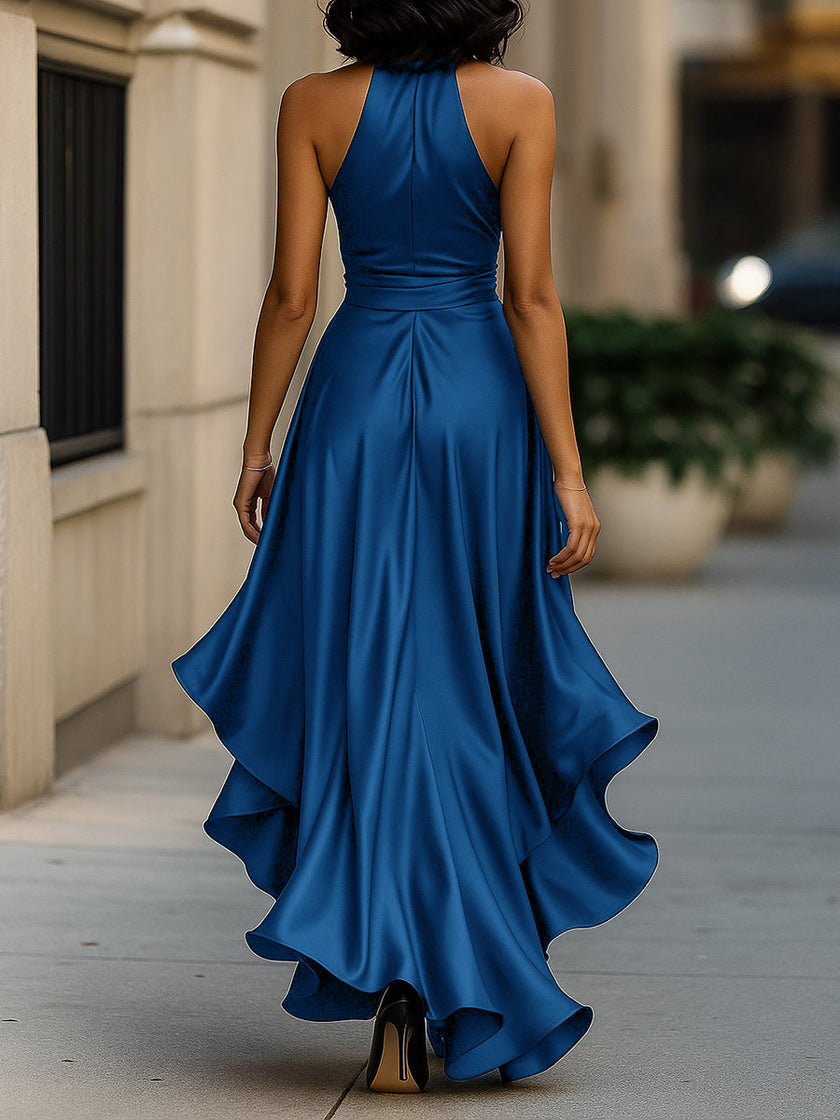 FJØRNA navy satin halter gown with ruffle details, elegant black tie dress perfect for formal occasions.