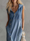 Blue denim V-neck midi dress by FJØRNA, casual style with sleeveless design and knee-length hem, perfect for everyday wear.
